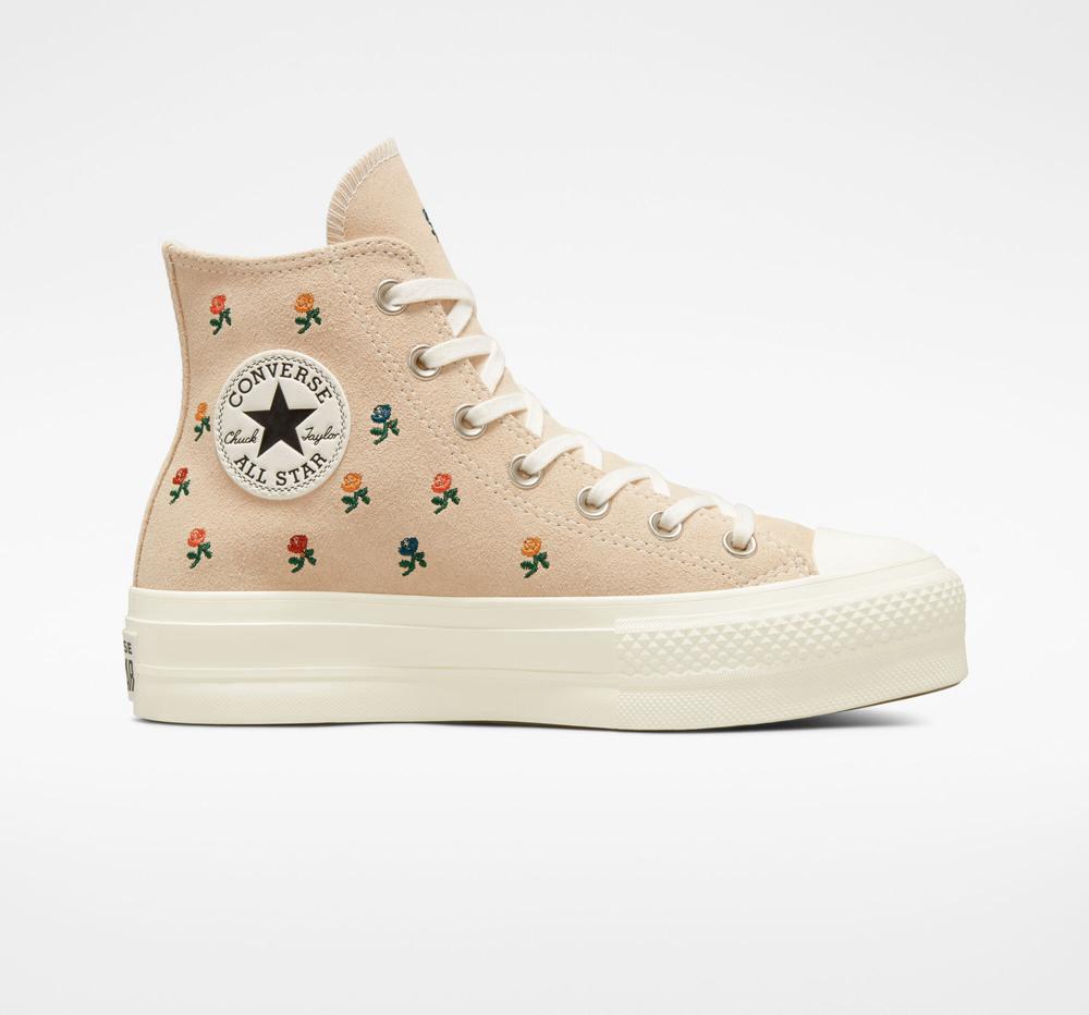 Dámské Boty Na Platformy Converse Chuck Taylor All Star Lift Embroidered Roses High Top Béžový | 507894WFP