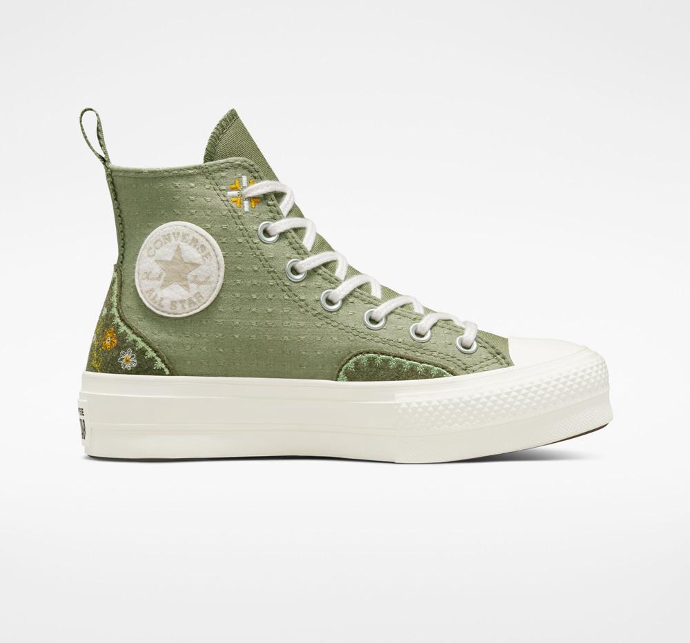 Dámské Boty Na Platformy Converse Chuck Taylor All Star Lift Autumn Embroidery High Top Zelene Světle | 697481JML