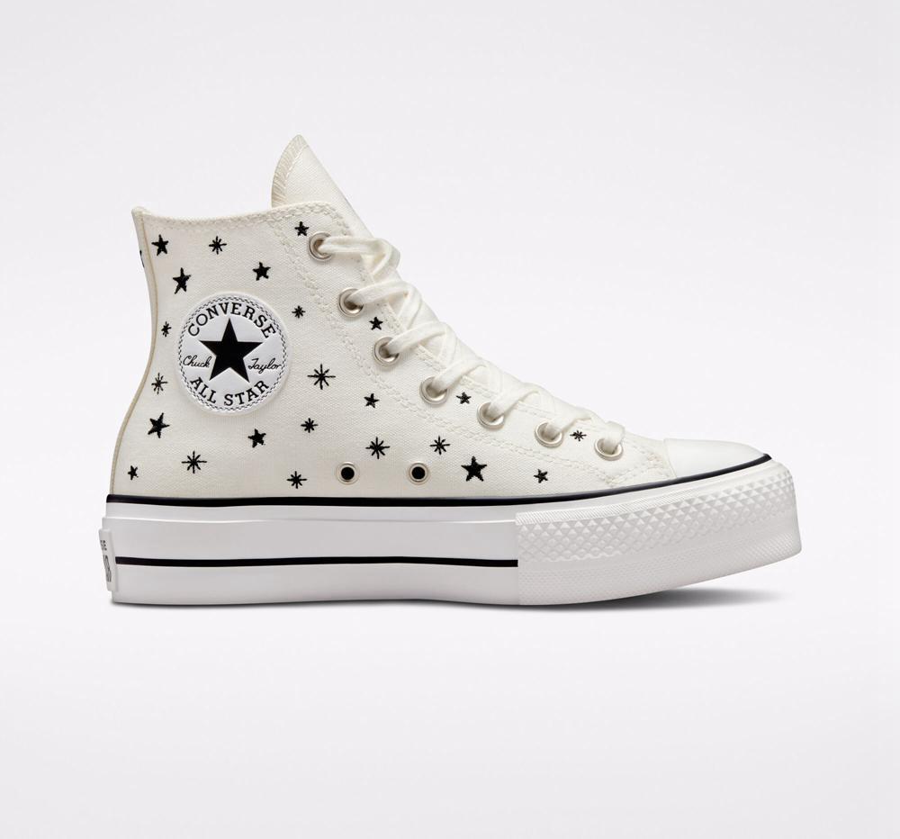 Dámské Boty Na Platformy Converse Chuck Taylor All Star Lift Embroidered Stars High Top Bílé Černé | 812607JMP