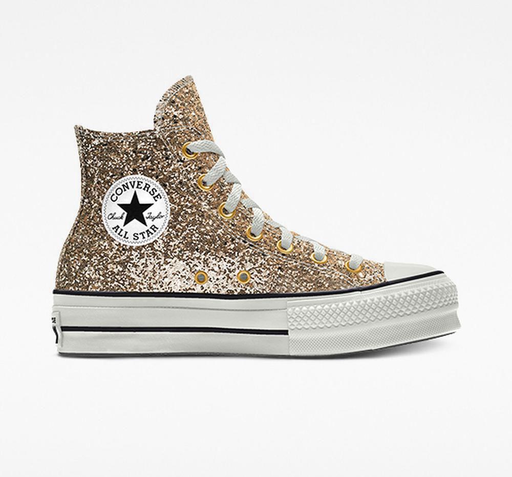 Dámské Boty Na Platformy Converse Custom Chuck Taylor All Star Lift Glitter By You High Top Zlaté | 165983BJZ