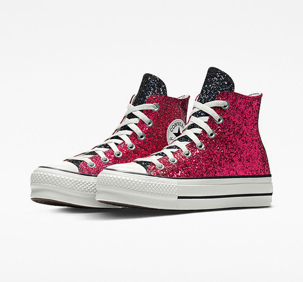 Dámské Boty Na Platformy Converse Custom Chuck Taylor All Star Lift Glitter By You High Top Pinkblack | 310286YUO