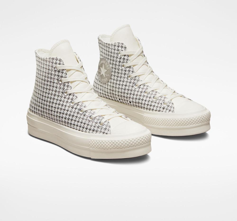 Dámské Boty Na Platformy Converse Chuck Taylor All Star Lift Houndstooth Shine High Top Bílé Stříbrné | 051964MAD