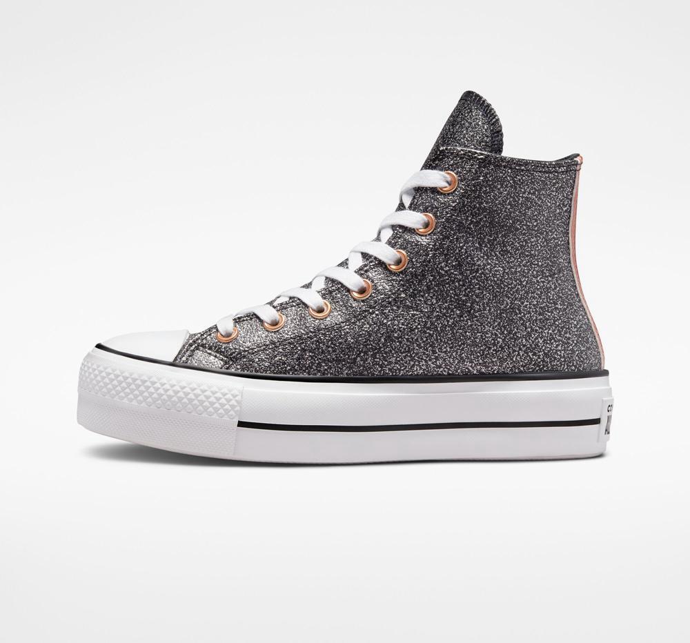 Dámské Boty Na Platformy Converse Chuck Taylor All Star Lift Metallic Glitter High Top Černé Měď Bílé | 187245VWD