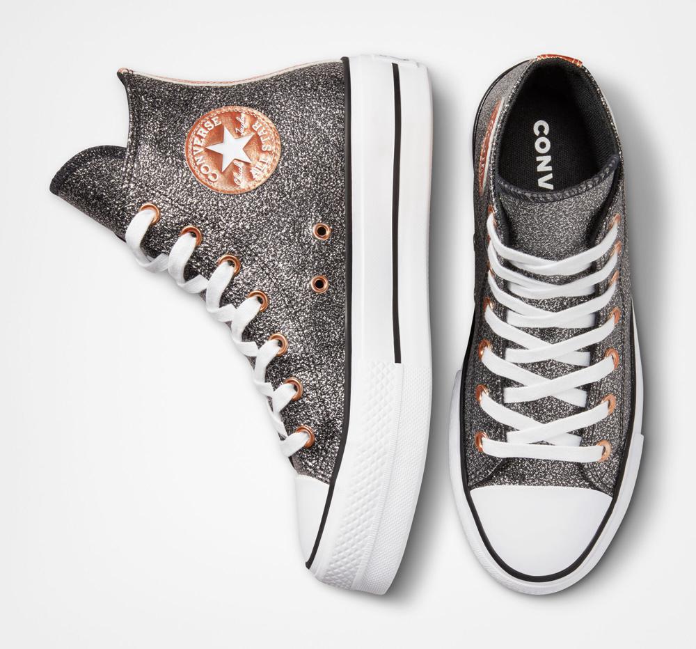 Dámské Boty Na Platformy Converse Chuck Taylor All Star Lift Metallic Glitter High Top Černé Měď Bílé | 187245VWD