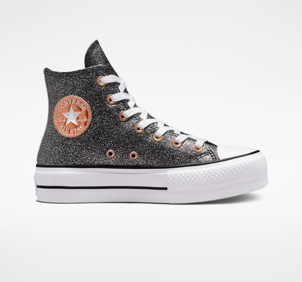 Dámské Boty Na Platformy Converse Chuck Taylor All Star Lift Metallic Glitter High Top Černé Měď Bílé | 187245VWD