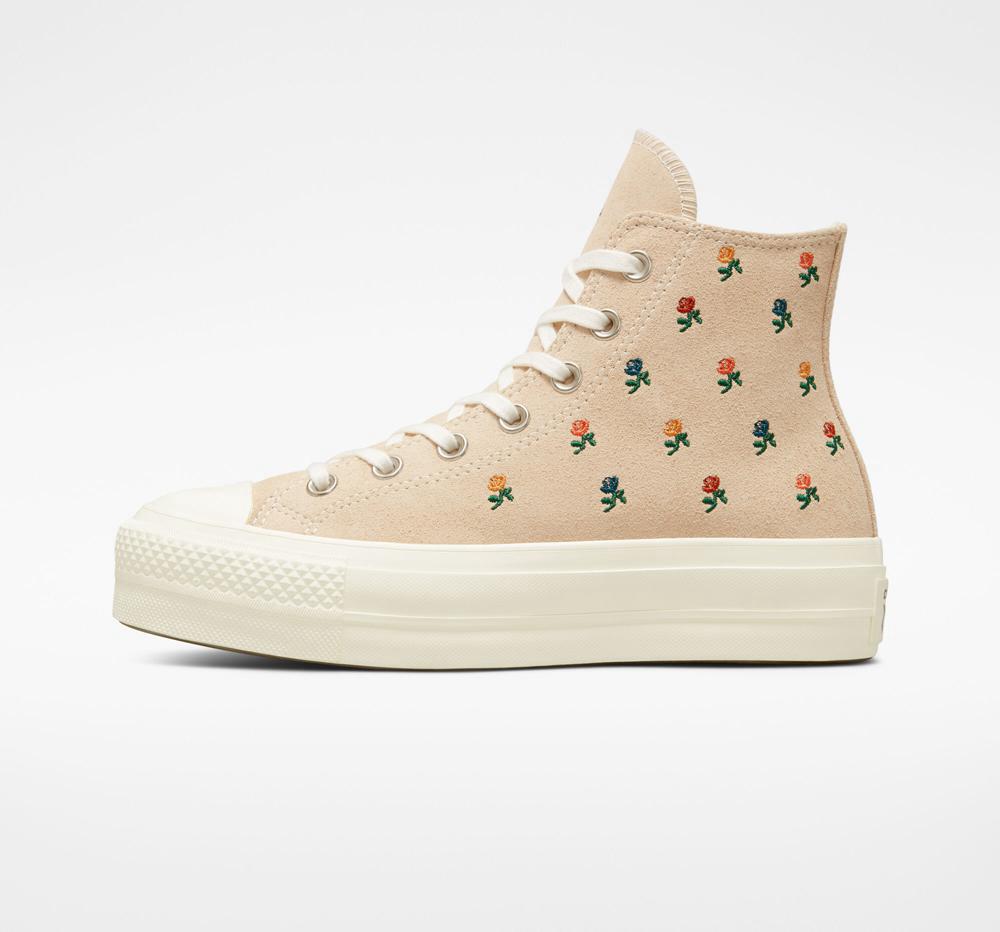 Dámské Boty Na Platformy Converse Chuck Taylor All Star Lift Embroidered Roses High Top Béžový | 507894WFP