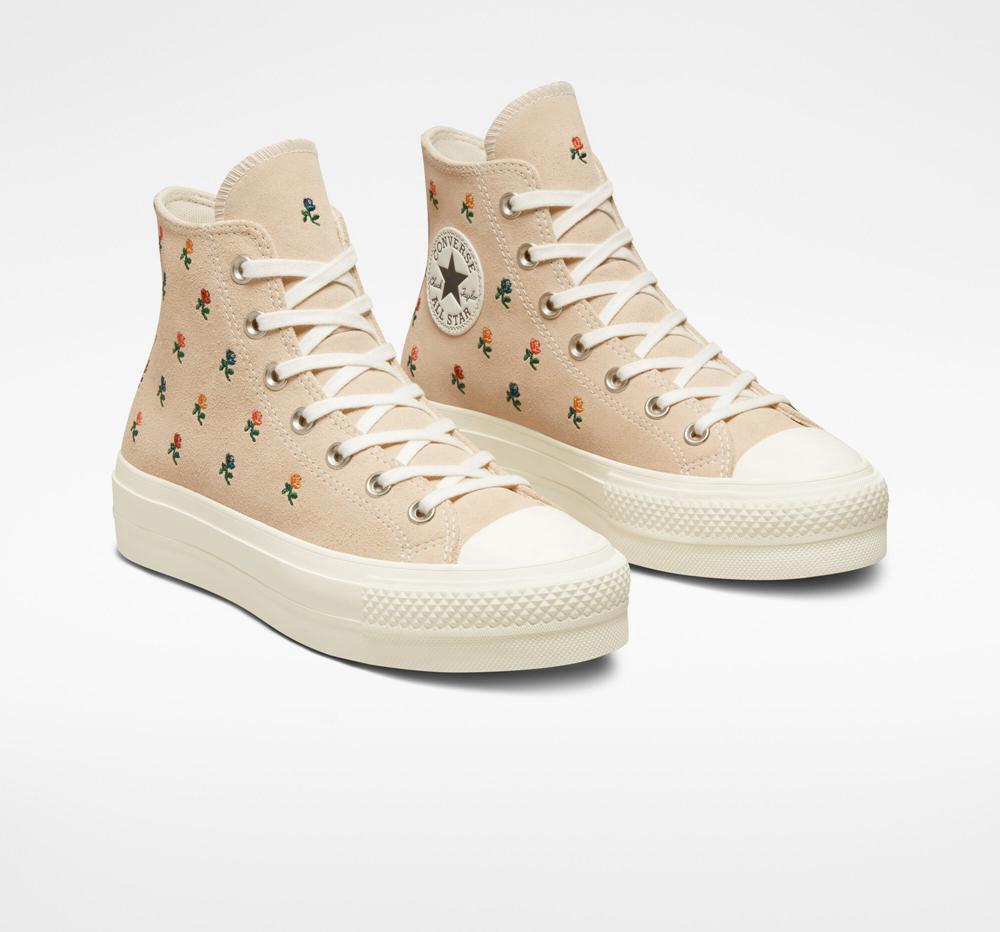 Dámské Boty Na Platformy Converse Chuck Taylor All Star Lift Embroidered Roses High Top Béžový | 507894WFP