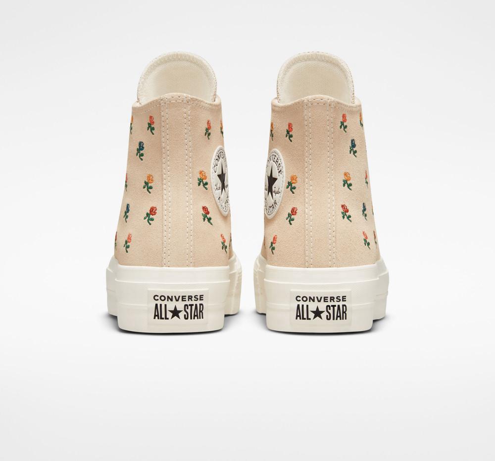 Dámské Boty Na Platformy Converse Chuck Taylor All Star Lift Embroidered Roses High Top Béžový | 507894WFP