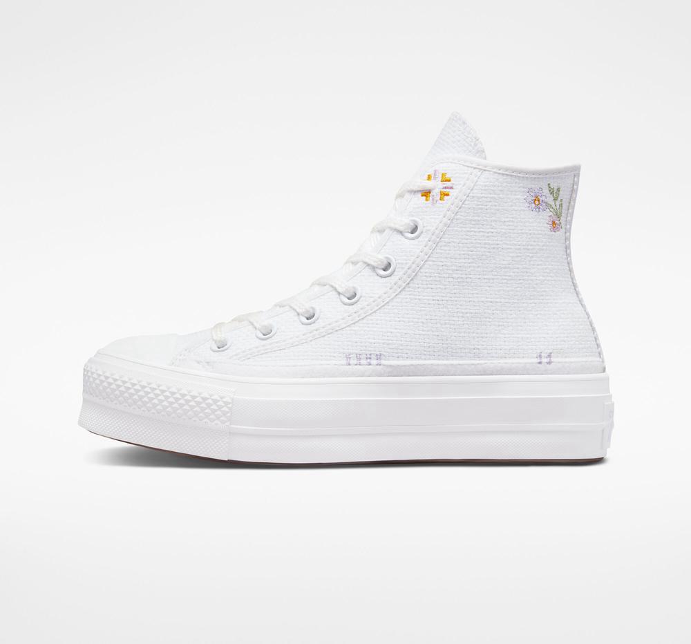 Dámské Boty Na Platformy Converse Chuck Taylor All Star Lift Autumn Embroidery High Top Bílé | 645918NLD