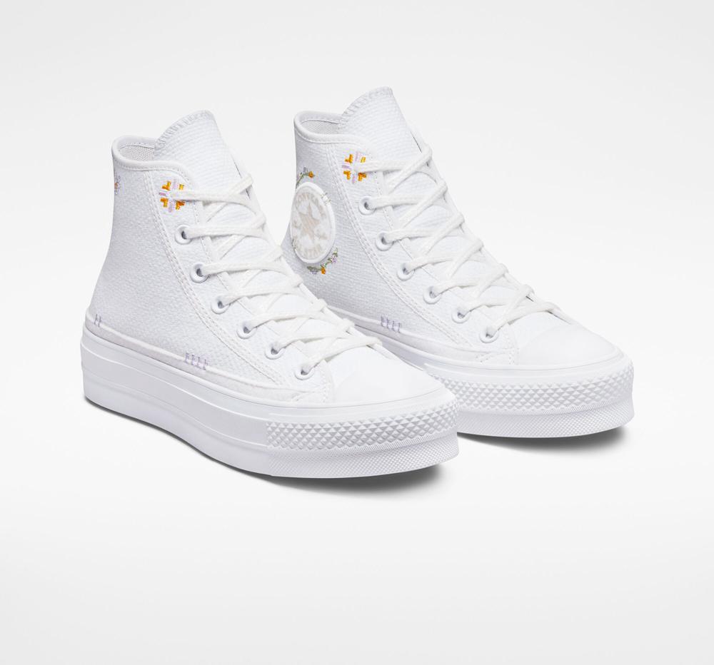 Dámské Boty Na Platformy Converse Chuck Taylor All Star Lift Autumn Embroidery High Top Bílé | 645918NLD