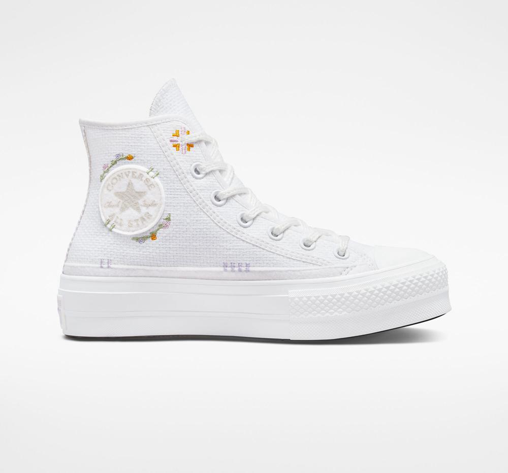 Dámské Boty Na Platformy Converse Chuck Taylor All Star Lift Autumn Embroidery High Top Bílé | 645918NLD