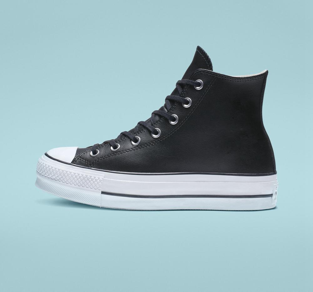 Dámské Boty Na Platformy Converse Chuck Taylor All Star Lift Læder High Top Černé Černé Bílé | 659703HSR