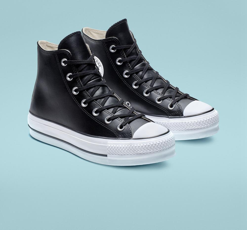 Dámské Boty Na Platformy Converse Chuck Taylor All Star Lift Læder High Top Černé Černé Bílé | 659703HSR