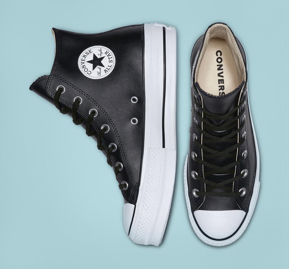 Dámské Boty Na Platformy Converse Chuck Taylor All Star Lift Læder High Top Černé Černé Bílé | 659703HSR