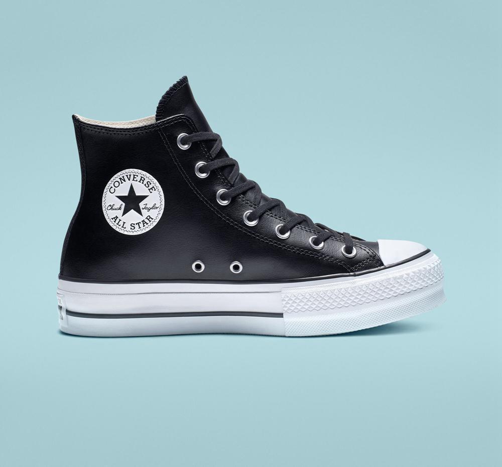 Dámské Boty Na Platformy Converse Chuck Taylor All Star Lift Læder High Top Černé Černé Bílé | 659703HSR