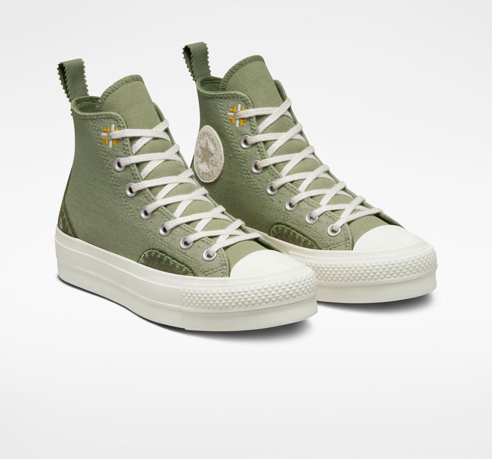 Dámské Boty Na Platformy Converse Chuck Taylor All Star Lift Autumn Embroidery High Top Zelene Světle | 697481JML