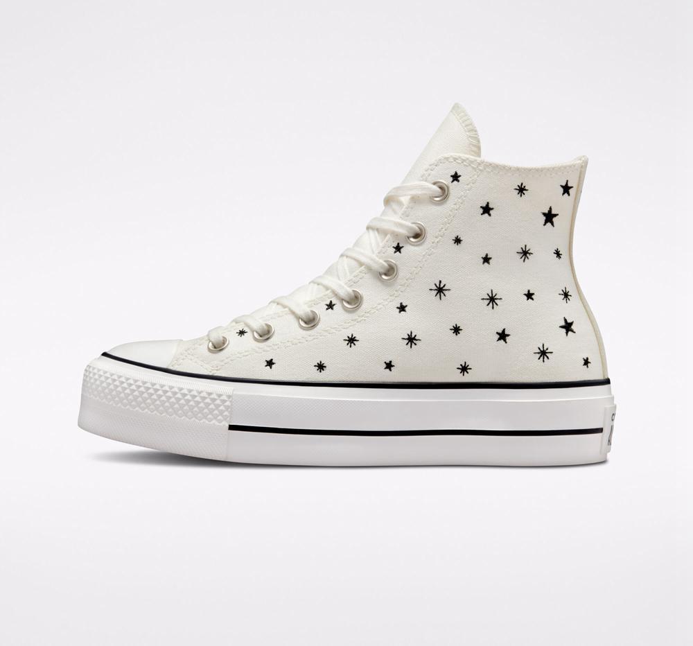 Dámské Boty Na Platformy Converse Chuck Taylor All Star Lift Embroidered Stars High Top Bílé Černé | 812607JMP