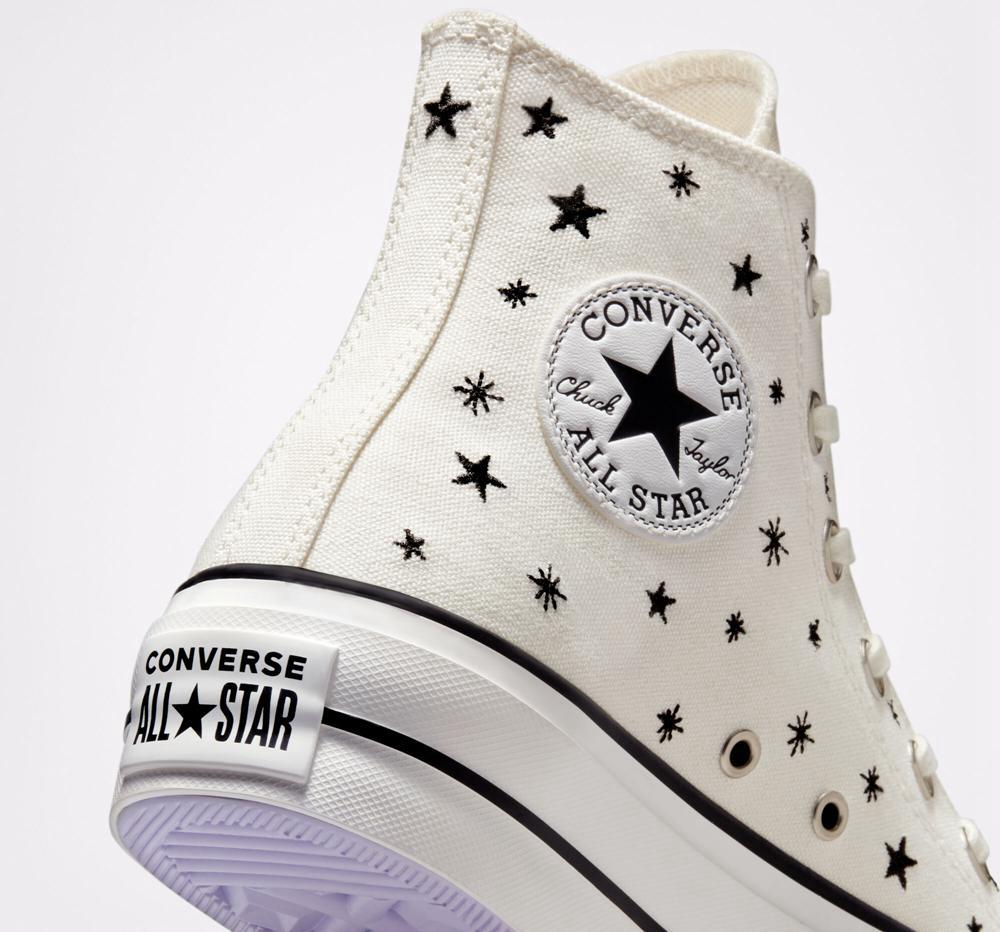 Dámské Boty Na Platformy Converse Chuck Taylor All Star Lift Embroidered Stars High Top Bílé Černé | 812607JMP