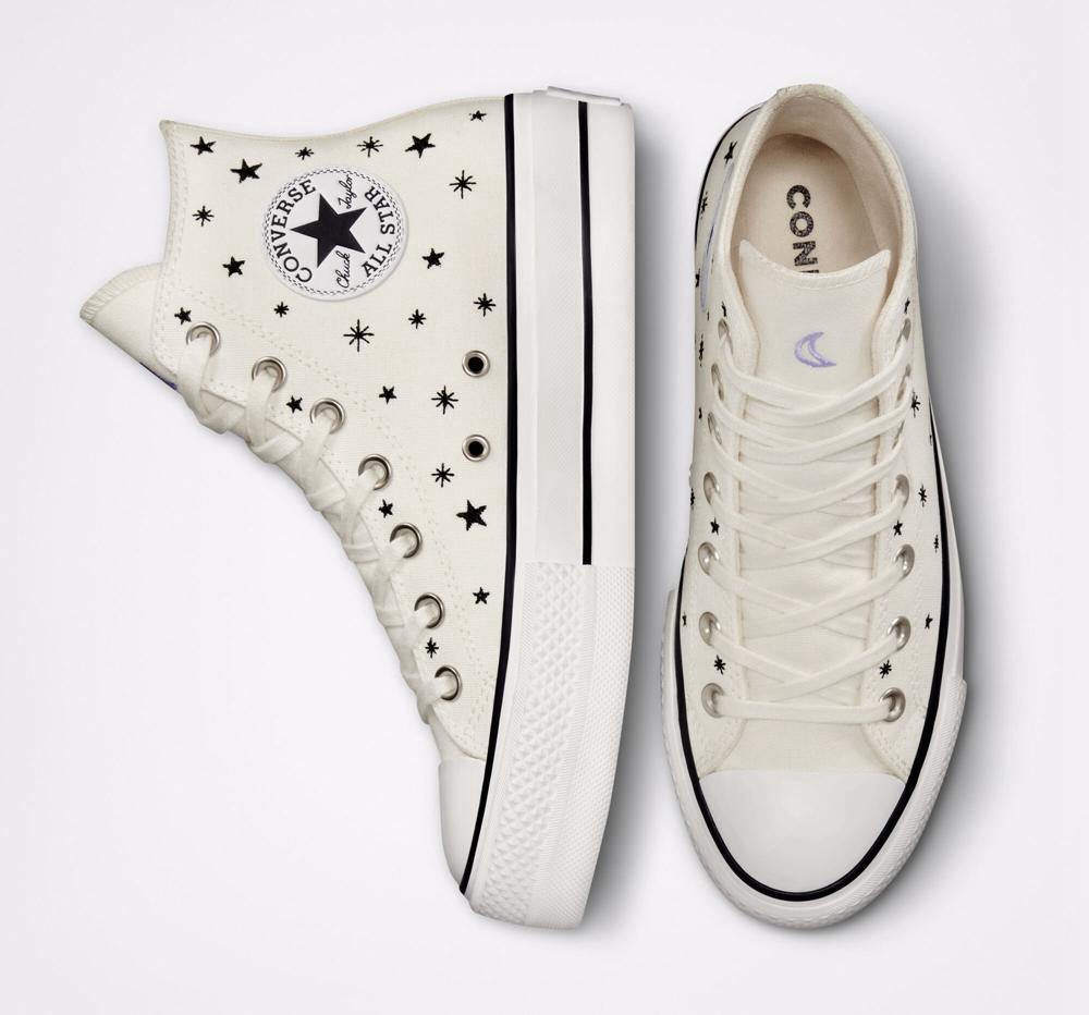 Dámské Boty Na Platformy Converse Chuck Taylor All Star Lift Embroidered Stars High Top Bílé Černé | 812607JMP