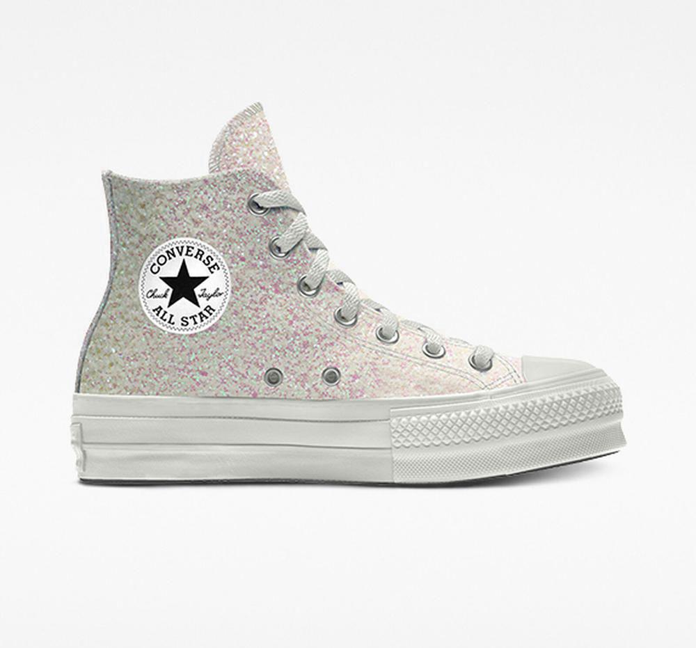 Dámské Boty Na Platformy Converse Custom Chuck Taylor All Star Lift Glitter By You High Top Bílé | 869531MCJ