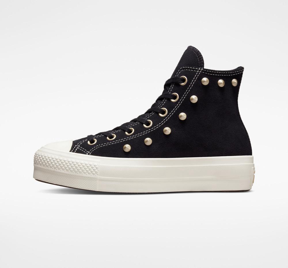 Dámské Vysoké Converse Chuck Taylor All Star Lift Platformy Semišové Studs Černé Světle Zlaté | 213869ZVI