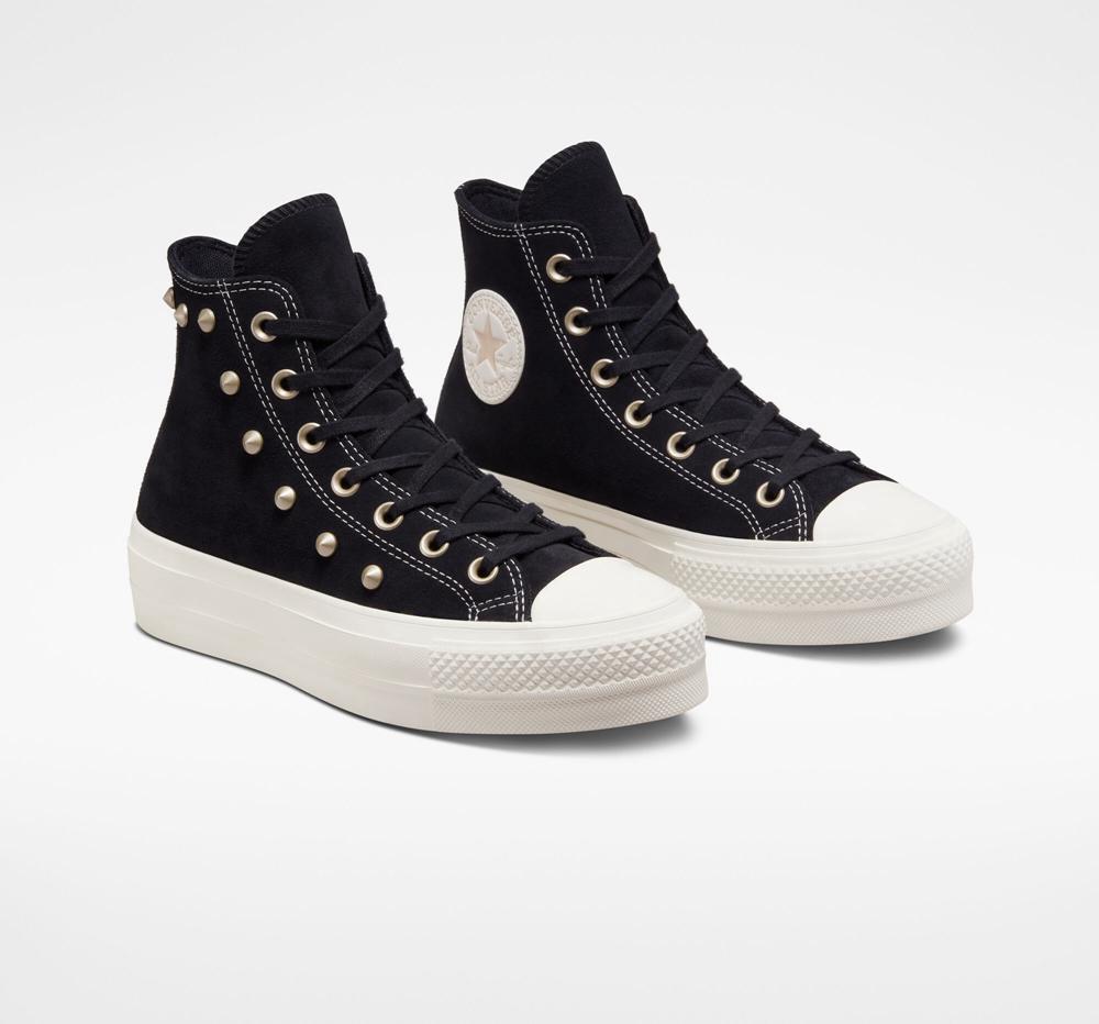 Dámské Vysoké Converse Chuck Taylor All Star Lift Platformy Semišové Studs Černé Světle Zlaté | 213869ZVI