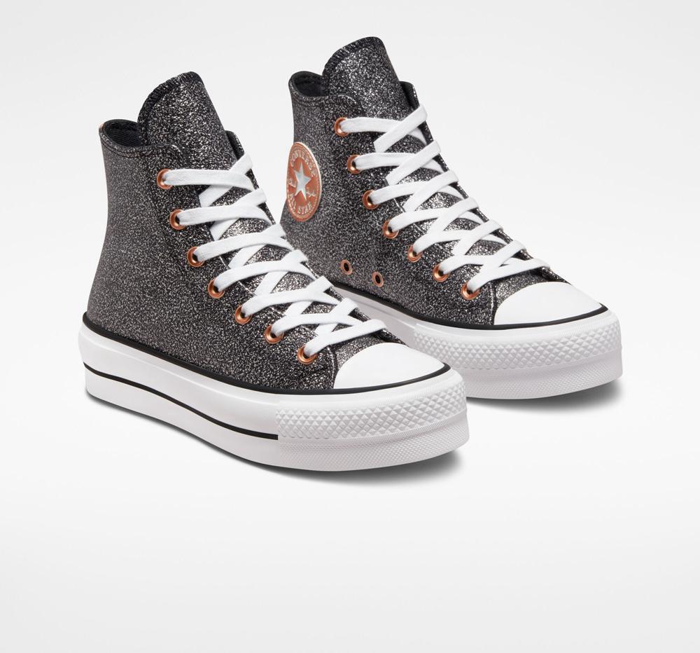 Dámské Vysoké Converse Chuck Taylor All Star Lift Platformy Metallic Glitter Černé Měď Bílé | 360278UHL