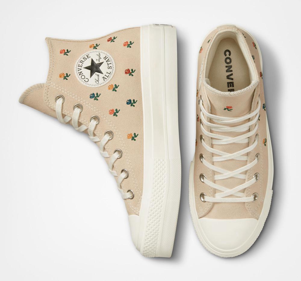 Dámské Vysoké Converse Chuck Taylor All Star Lift Platformy Embroidered Roses Béžový | 413068NWA