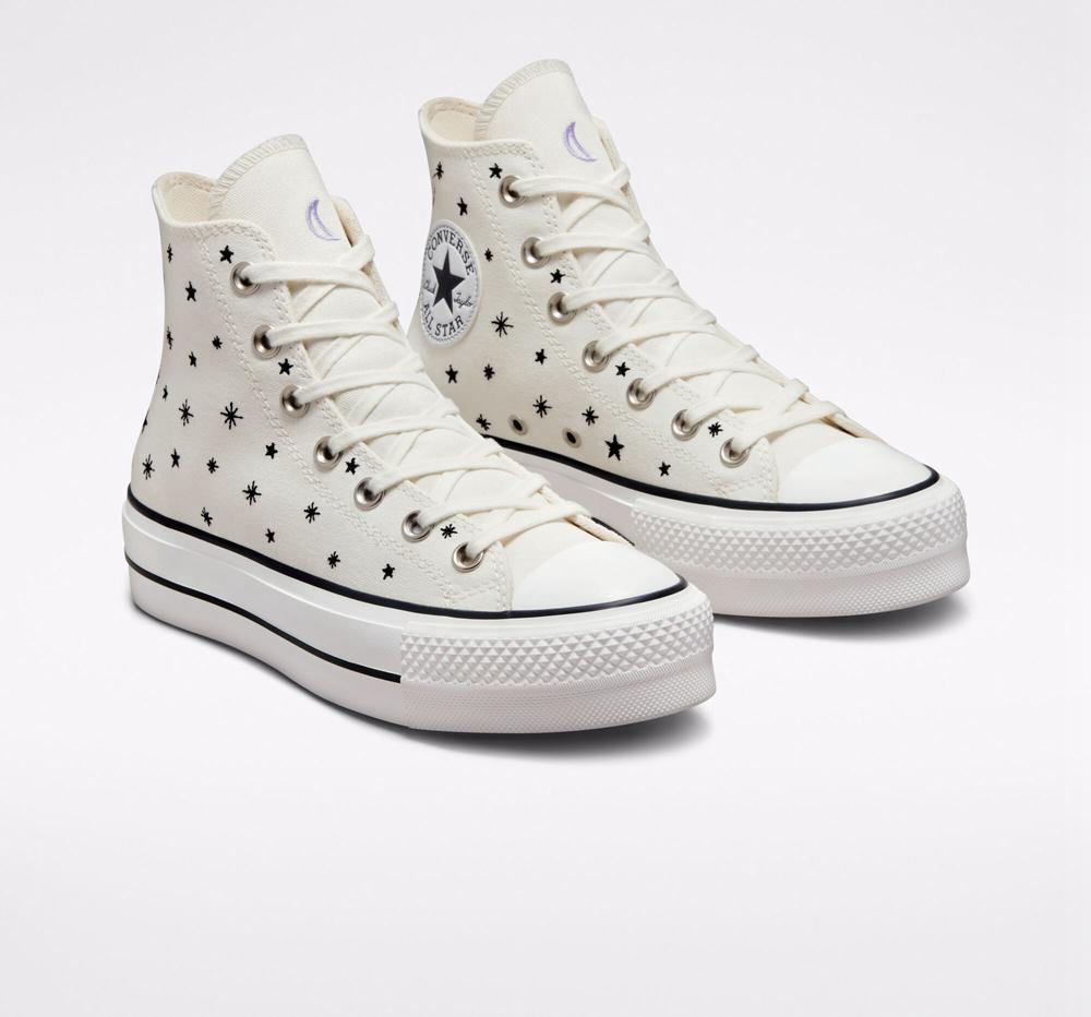 Dámské Vysoké Converse Chuck Taylor All Star Lift Platformy Embroidered Stars Bílé Černé | 726493HAU