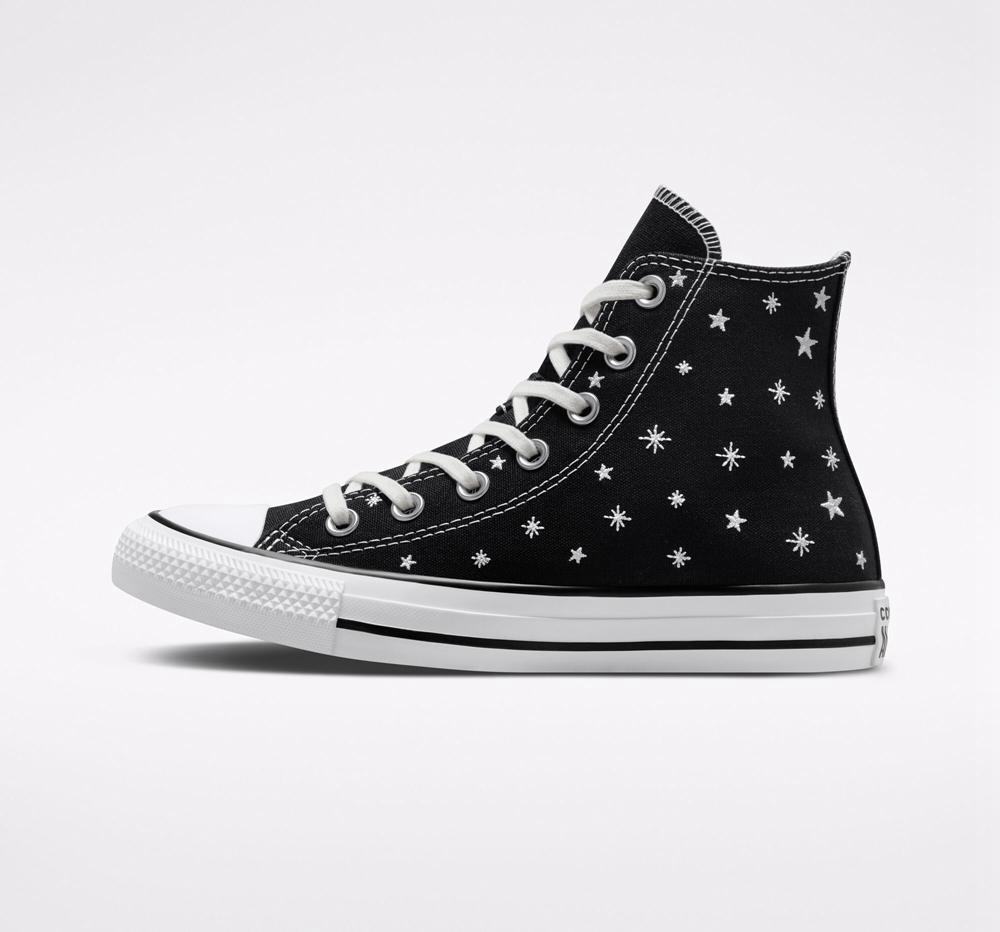 Dámské Vysoké Converse Chuck Taylor All Star Embroidered Stars Černé Bílé | 972864UVC