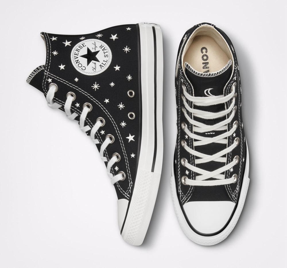 Dámské Vysoké Converse Chuck Taylor All Star Embroidered Stars Černé Bílé | 972864UVC