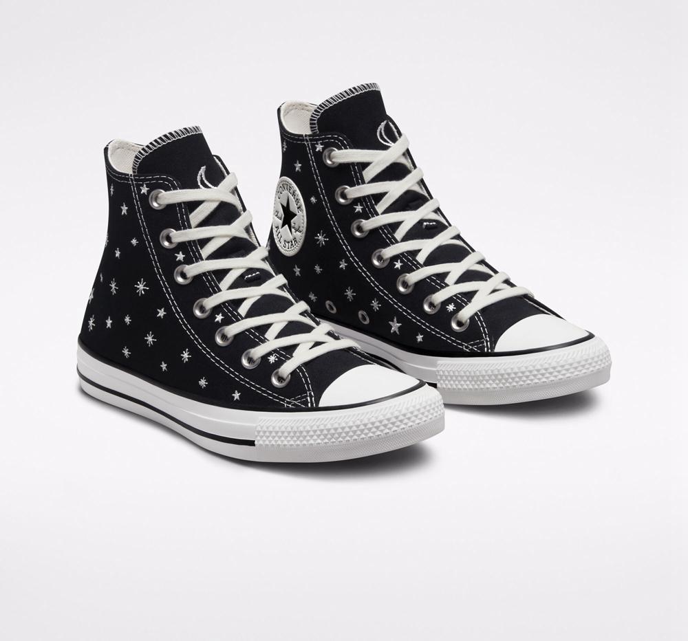 Dámské Vysoké Converse Chuck Taylor All Star Embroidered Stars Černé Bílé | 972864UVC