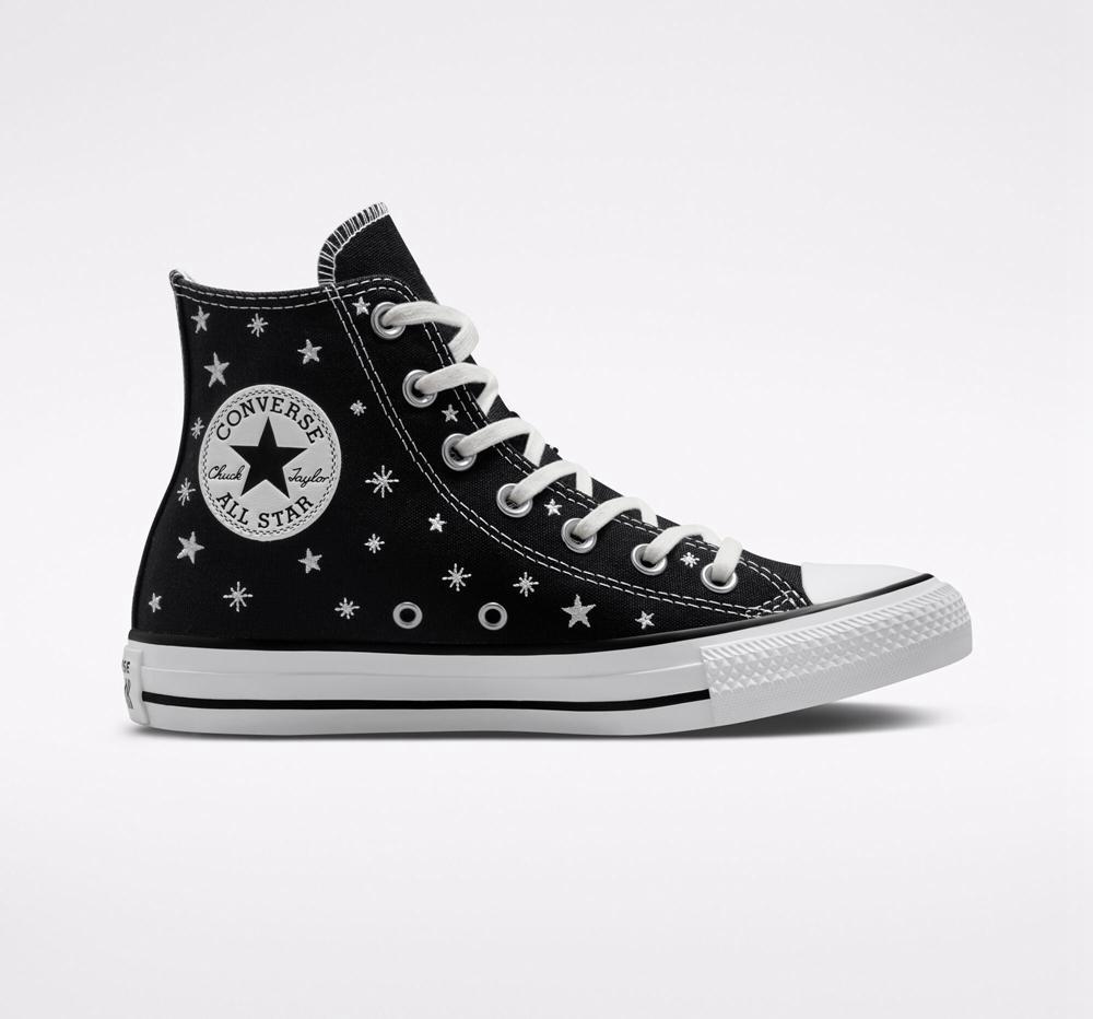 Dámské Vysoké Converse Chuck Taylor All Star Embroidered Stars Černé Bílé | 972864UVC