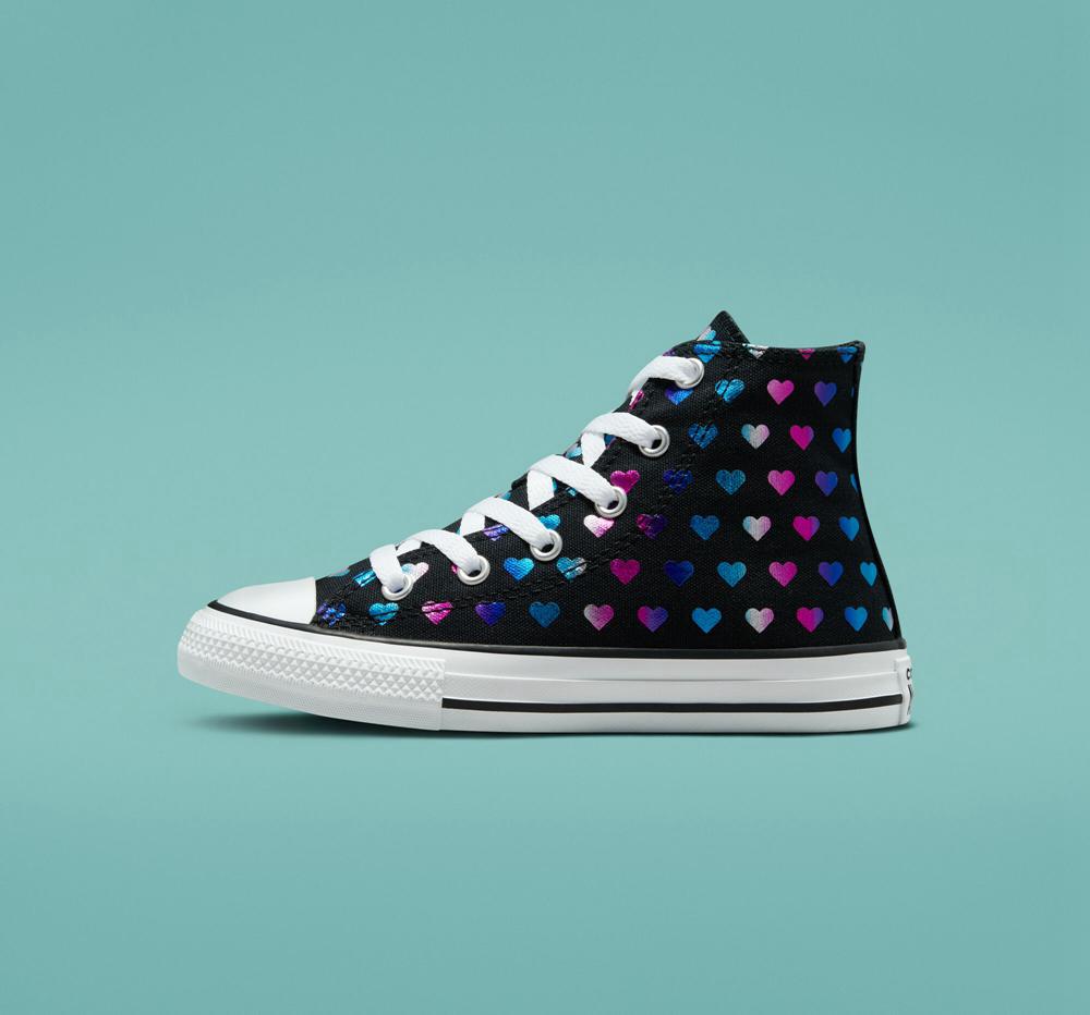 Dívčí Vysoké Converse Chuck Taylor All Star Foil Hearts Little Kids Černé Bílé Růžové | 924317AFN