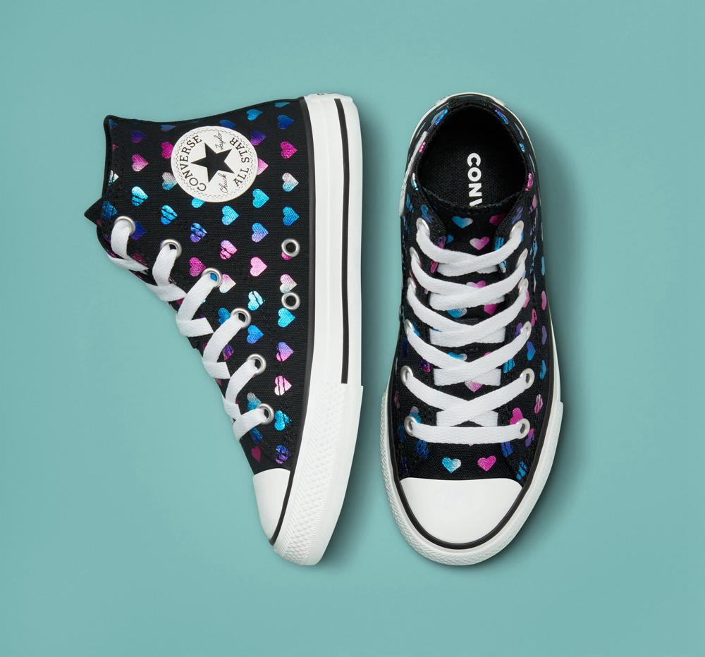 Dívčí Vysoké Converse Chuck Taylor All Star Foil Hearts Little Kids Černé Bílé Růžové | 924317AFN