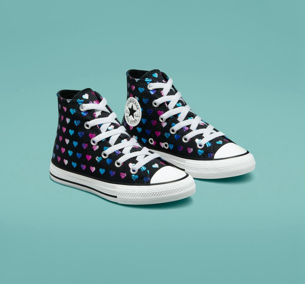 Dívčí Vysoké Converse Chuck Taylor All Star Foil Hearts Little Kids Černé Bílé Růžové | 924317AFN