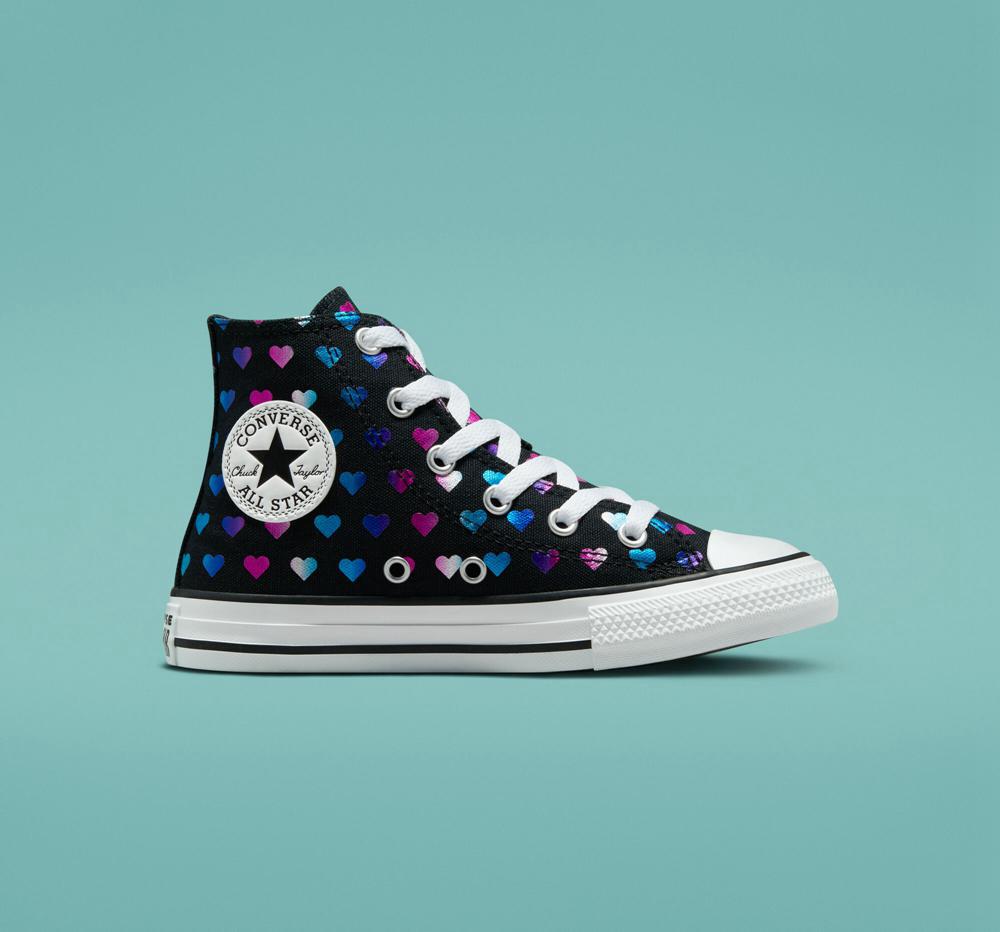 Dívčí Vysoké Converse Chuck Taylor All Star Foil Hearts Little Kids Černé Bílé Růžové | 924317AFN